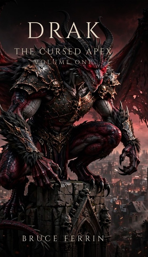 Cover of Drak: The Cursed Apex — a black-and-crimson dragon hybrid with wings, fangs and wolf-like limbs crouched on a gothic tower above a burning city