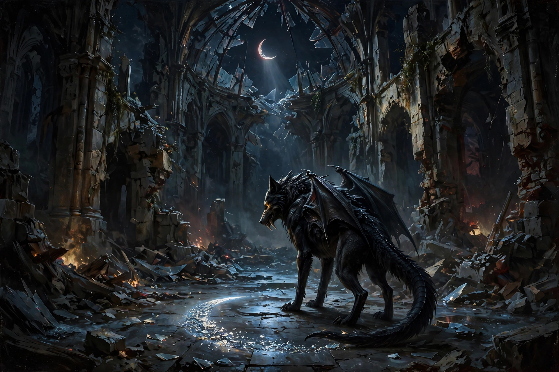 A black-scaled apex creature sweeping fallen glass into a crescent in the ruined nave of the Archon Cathedral beneath a broken dome and crescent moon