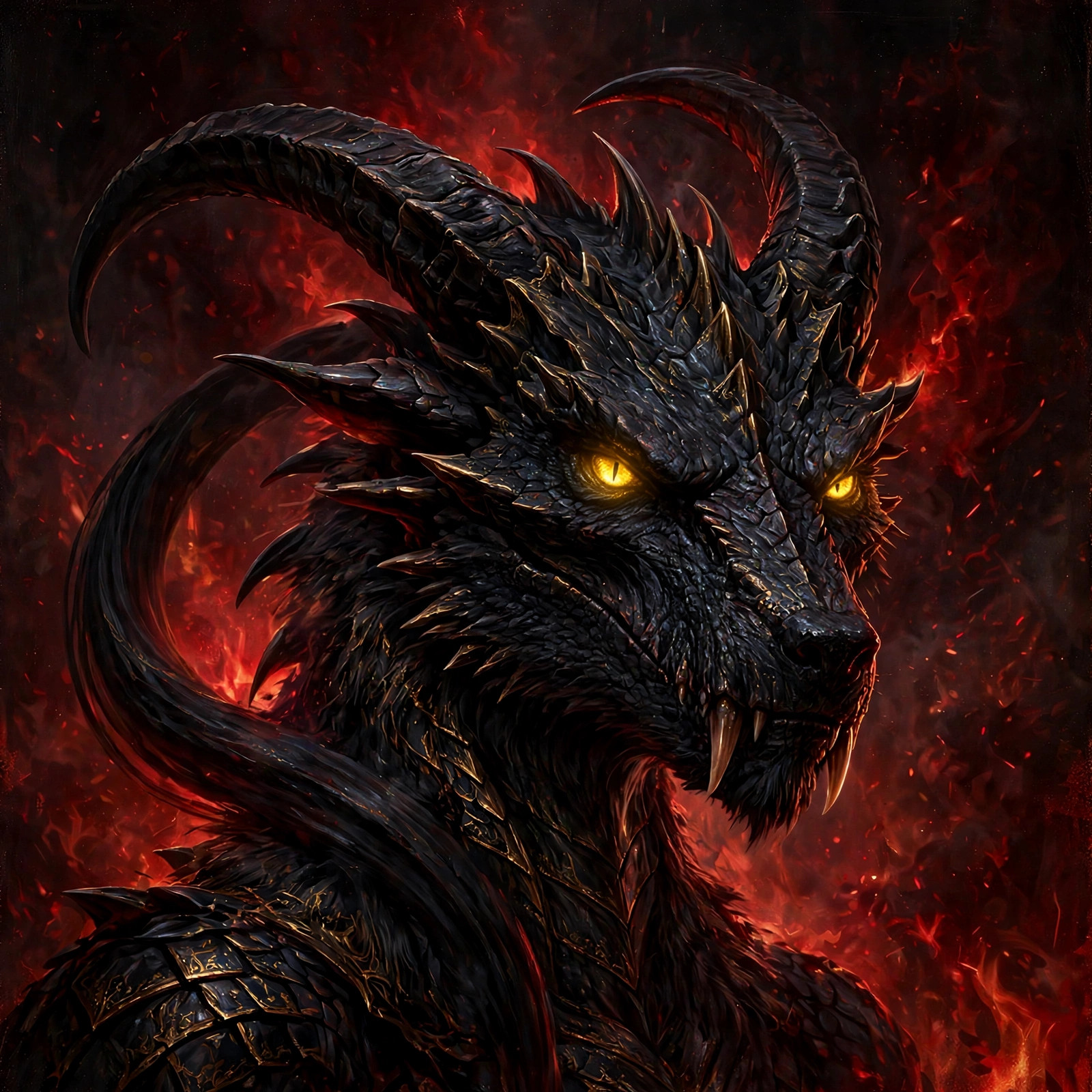 Drak — an obsidian-scaled apex creature with curved horns, golden eyes and elongated fangs, ringed in firelight