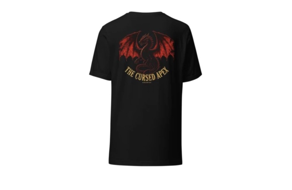 The actual Established 2012 Tee on white: the black Bella+Canvas 3001 from the back, with a blood-red dragon — wings spread wide — printed across the shoulders, THE CURSED APEX arched in gold beneath it, and ESTABLISHED 2012 in small gold type at the bottom